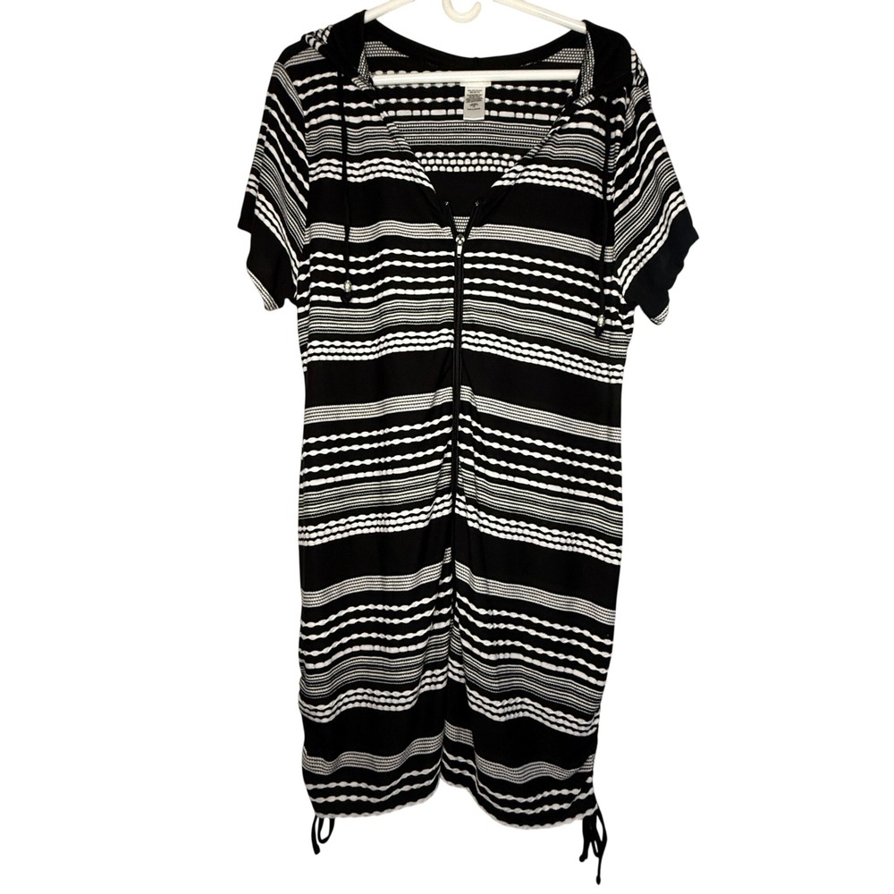 Dotti Black White Striped Hooded Zip Swim Cover Up Dress Ruched Sides XL